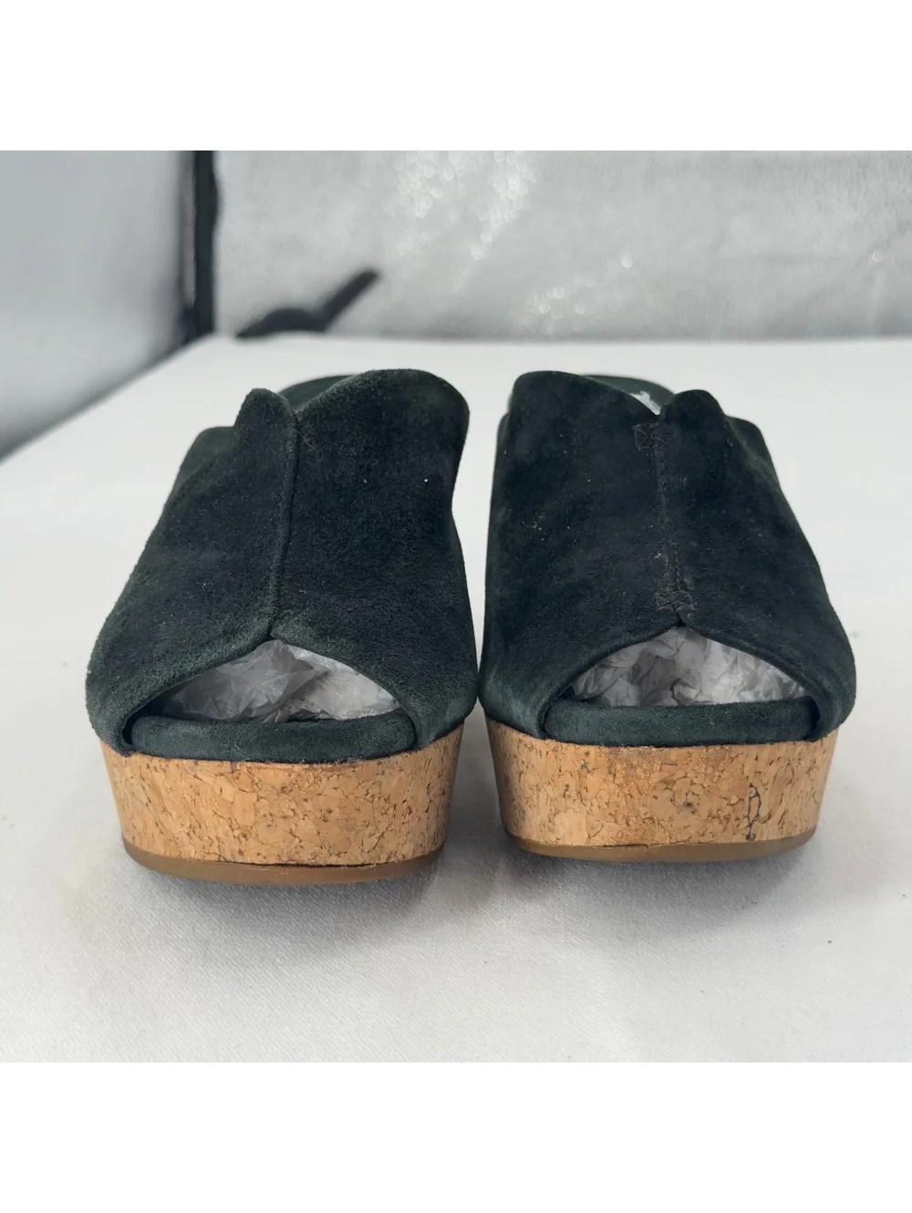UGG Dominique Leather Slides Sandals 6 Wedge Suede Cork Peep-Toe Platform Black